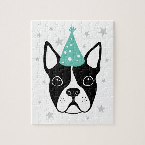 Boston terrier with party hat and stars jigsaw puzzle