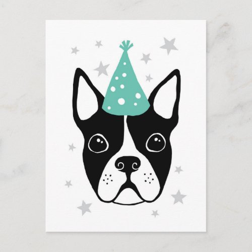 Boston terrier with party hat Happy Birthday card