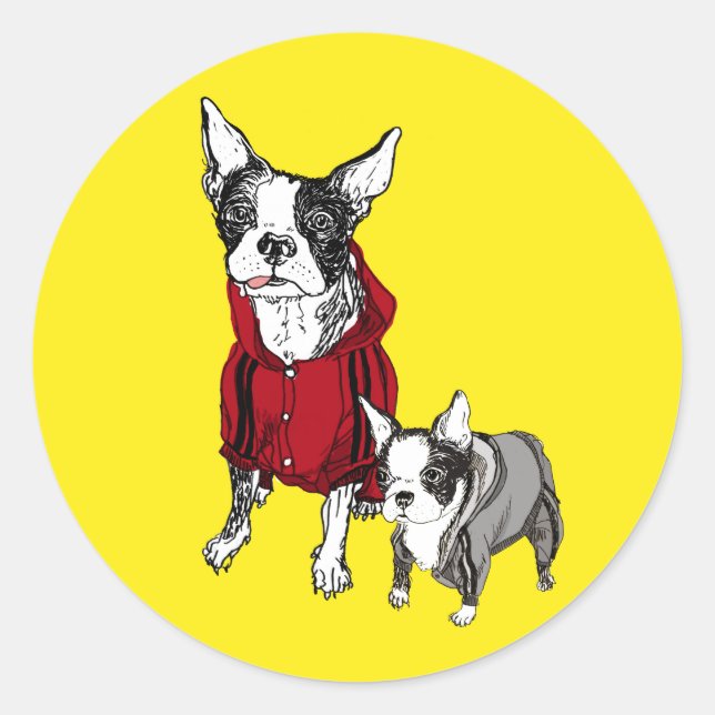 Boston Terrier with Puppy in Track Suits Stickers (Front)