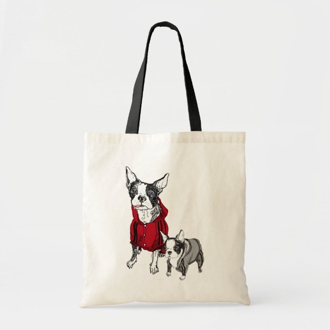 Boston Terrier with Puppy in Tracksuits Tshirt Tote Bag (Front)