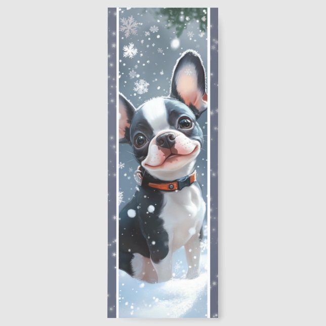 Boston Terrier with Red Collar in Snow Bookmarks (Front)