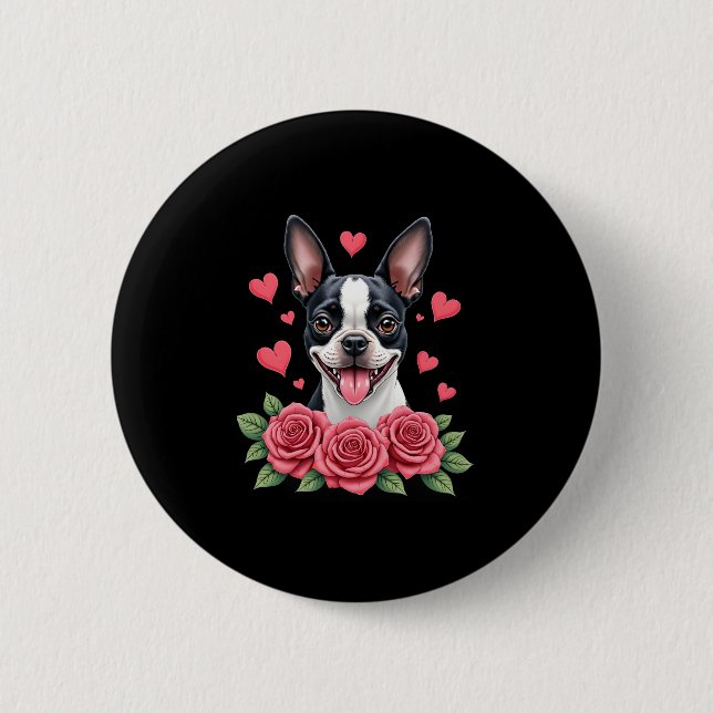 Boston Terrier with Red Roses Hearts Valentine�s D Button (Front)