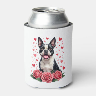Boston Terrier with Red Roses Hearts Valentine�s D Can Cooler