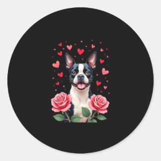 Boston Terrier with Red Roses Hearts Valentine�s D Classic Round Sticker