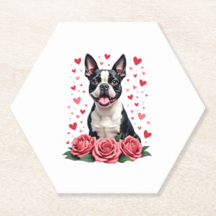 Boston Terrier with Red Roses Hearts Valentine�s D Paper Coaster