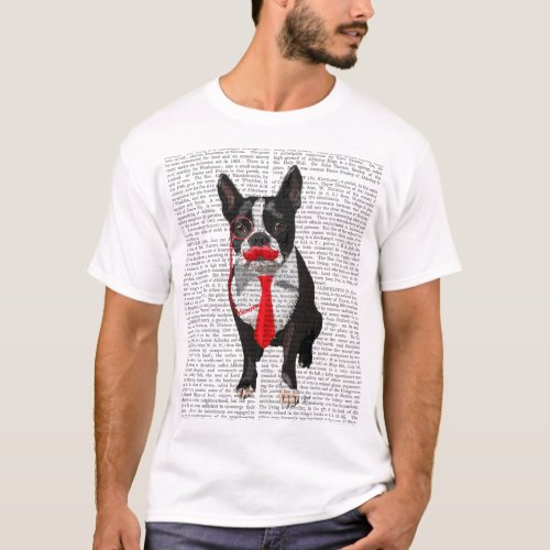 Boston Terrier With Red Tie and Moustache 2 T_Shirt