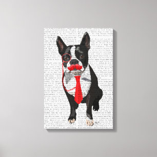 Boston Terrier With Red Tie and Moustache Canvas Print