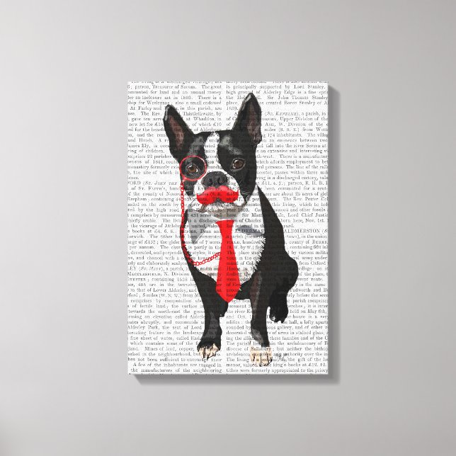 Boston Terrier With Red Tie and Moustache Canvas Print (Front)