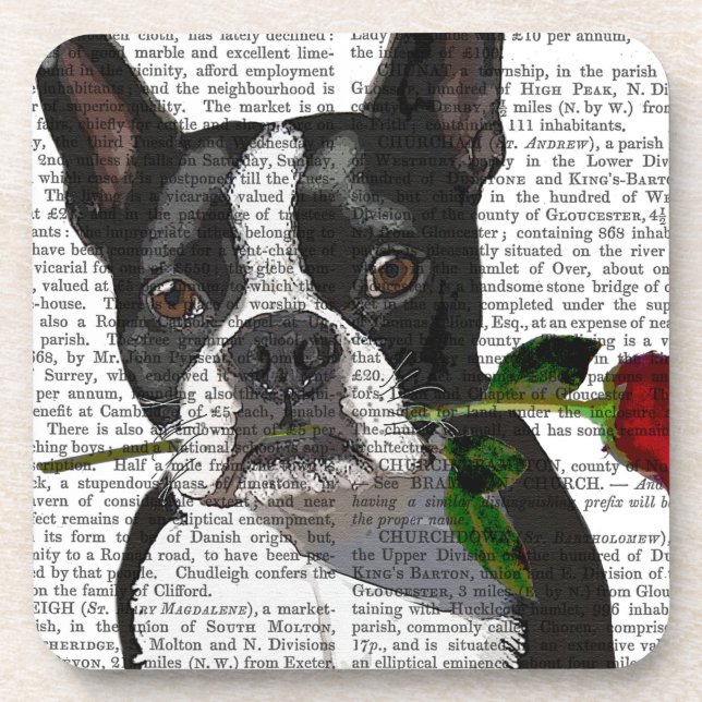 Boston Terrier with Rose in Mouth Beverage Coaster (Front)