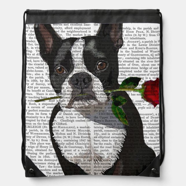 Boston Terrier with Rose in Mouth Drawstring Bag (Front)