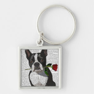 Boston Terrier with Rose in Mouth Keychain