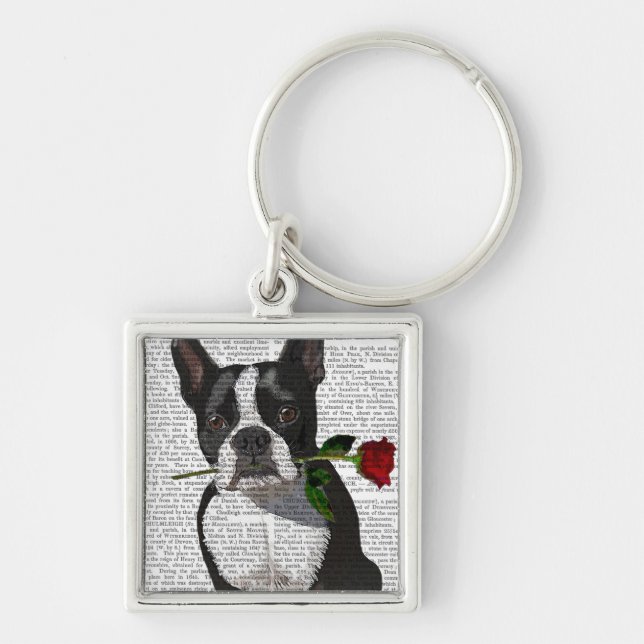 Boston Terrier with Rose in Mouth Keychain (Front)