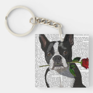 Boston Terrier with Rose in Mouth Keychain