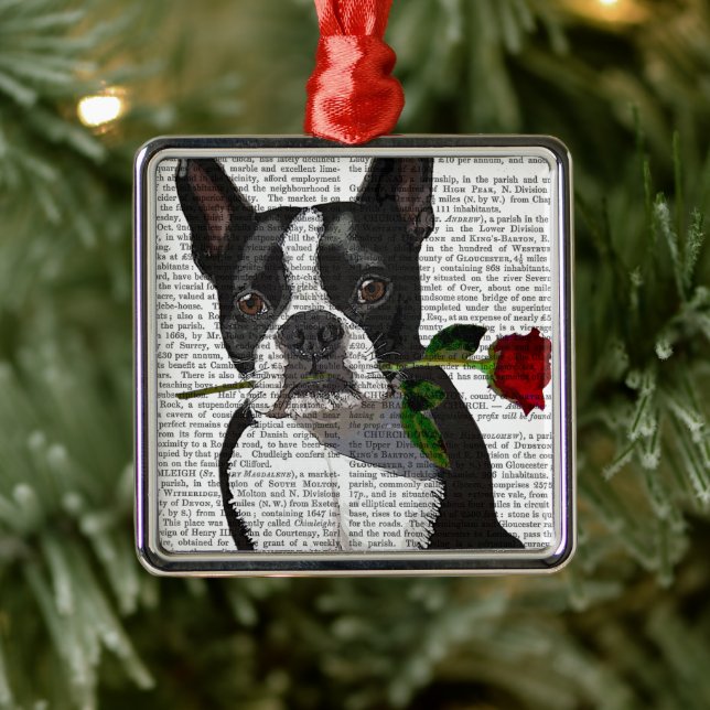Boston Terrier with Rose in Mouth Metal Ornament (Tree)
