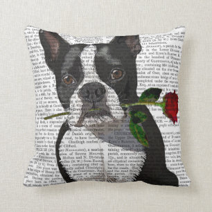 Boston Terrier with Rose in Mouth Throw Pillow