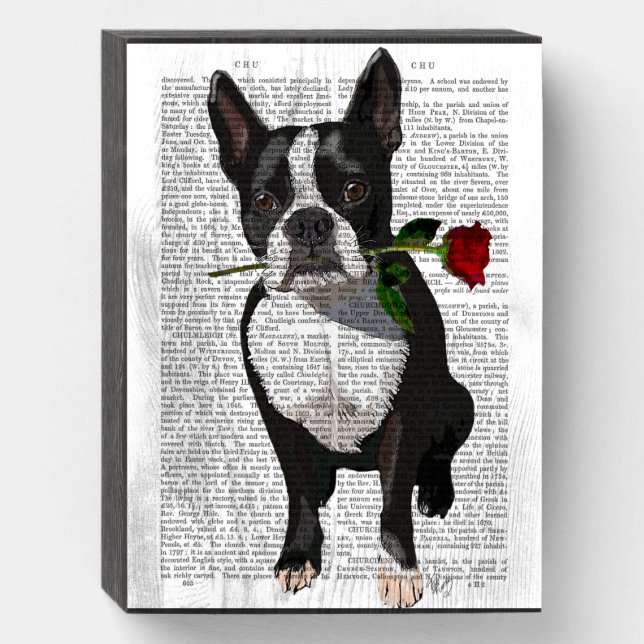 Boston Terrier with Rose in Mouth Wooden Box Sign (Front Vertical)