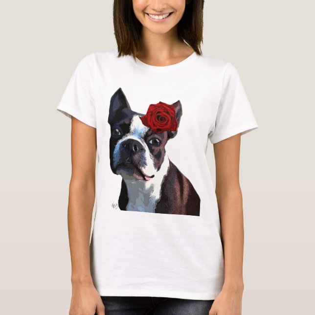 Boston Terrier with Rose on Head 2 T-Shirt (Front)