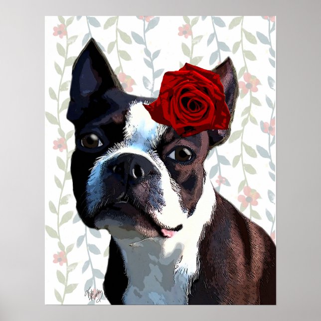 Boston Terrier with Rose on Head Poster (Front)