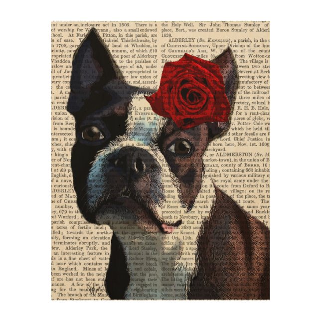 Boston Terrier with Rose on Head Wood Wall Decor (Front)