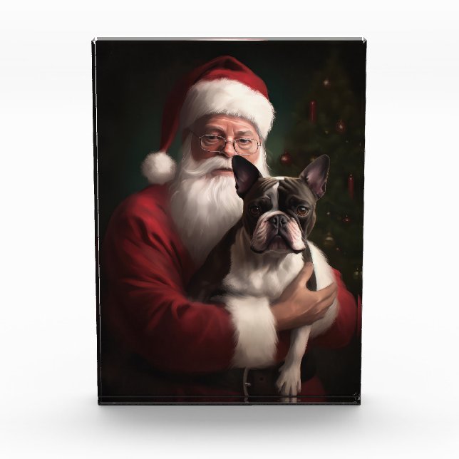 Boston Terrier With Santa Claus Festive Christmas Acrylic Award (Front)