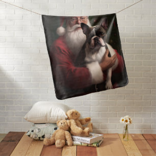 Boston Terrier With Santa Claus Festive Christmas Baby Blanket