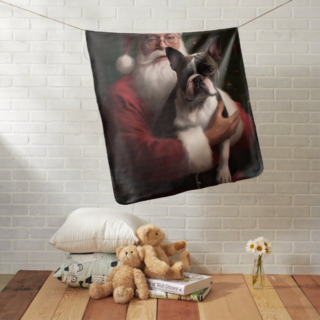 Boston Terrier With Santa Claus Festive Christmas Baby Blanket (In Situ)