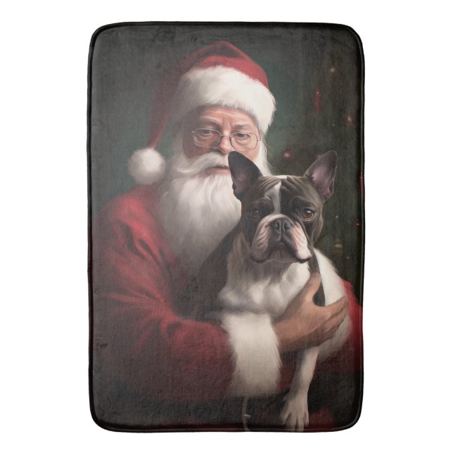 Boston Terrier With Santa Claus Festive Christmas Bath Mat (Front Vertical)