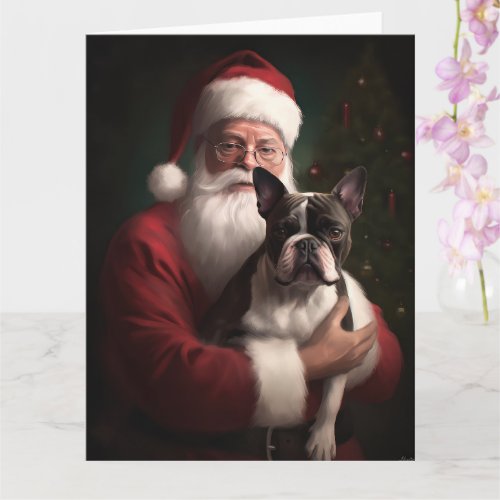 Boston Terrier With Santa Claus Festive Christmas Card