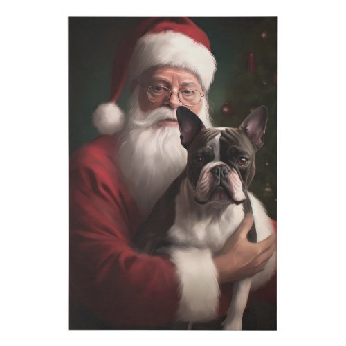 Boston Terrier With Santa Claus Festive Christmas Faux Canvas Print