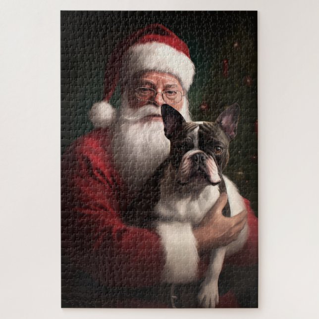 Boston Terrier With Santa Claus Festive Christmas Jigsaw Puzzle (Vertical)