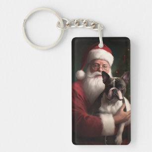 Boston Terrier With Santa Claus Festive Christmas Keychain