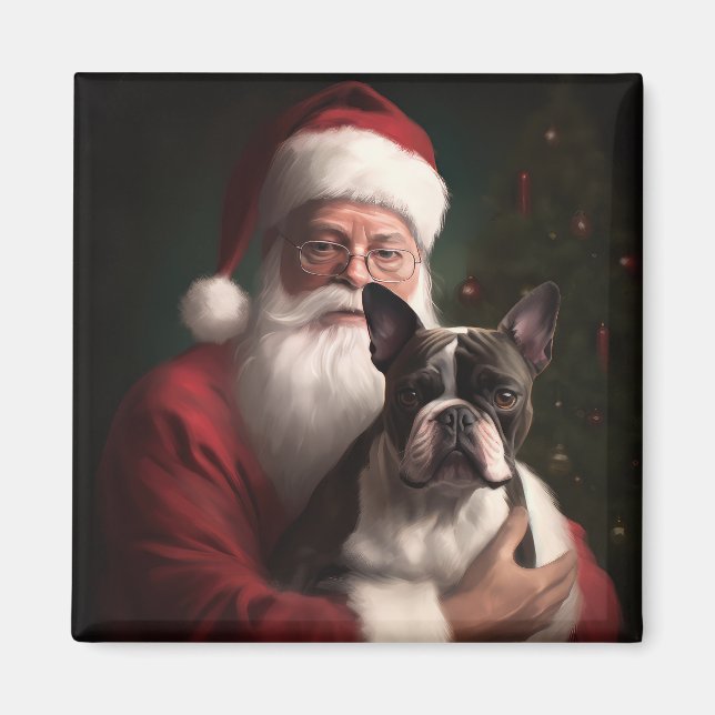 Boston Terrier With Santa Claus Festive Christmas Magnet (Front)