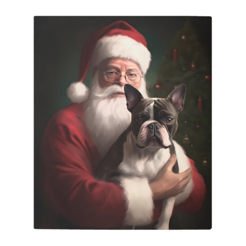 Boston Terrier With Santa Claus Festive Christmas Metal Print