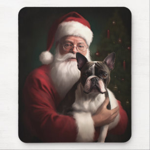 Boston Terrier With Santa Claus Festive Christmas Mouse Pad