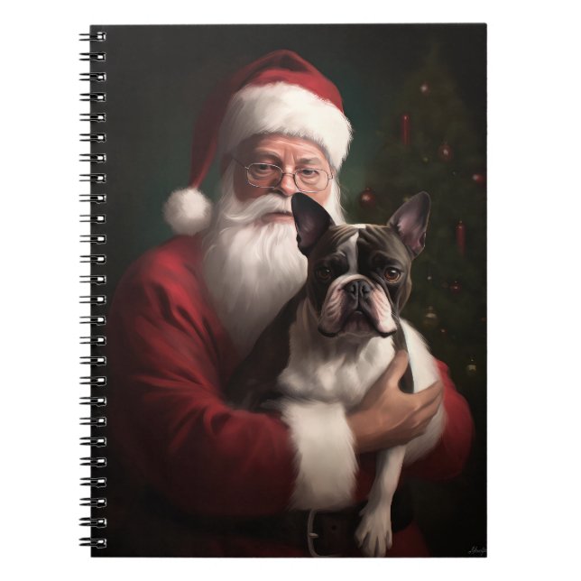 Boston Terrier With Santa Claus Festive Christmas Notebook (Front)
