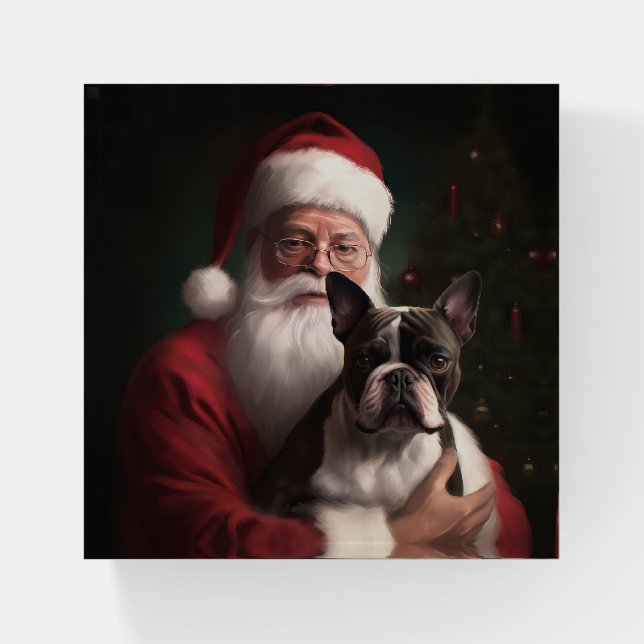 Boston Terrier With Santa Claus Festive Christmas Paperweight (Front)