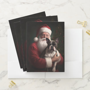 Boston Terrier With Santa Claus Festive Christmas Pocket Folder