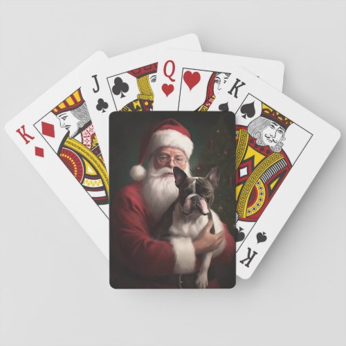 Boston Terrier With Santa Claus Festive Christmas Poker Cards