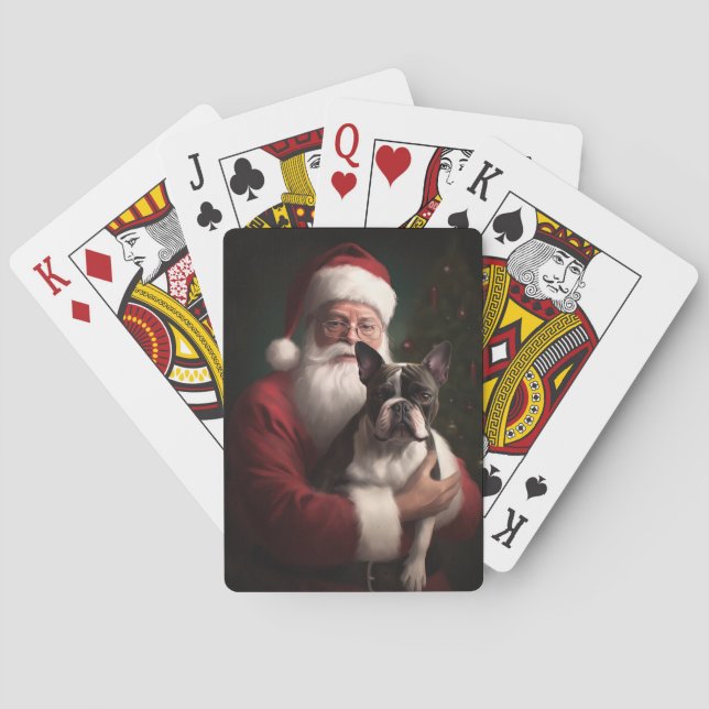 Boston Terrier With Santa Claus Festive Christmas Poker Cards (Back)