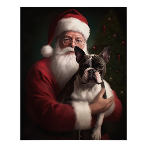 Boston Terrier With Santa Claus Festive Christmas Poster