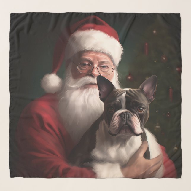 Boston Terrier With Santa Claus Festive Christmas Scarf (Front)