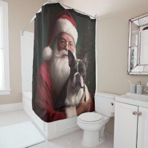 Boston Terrier With Santa Claus Festive Christmas Shower Curtain
