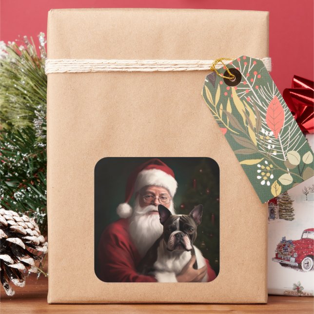 Boston Terrier With Santa Claus Festive Christmas Square Sticker (Holiday)