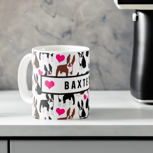 Boston Terriers and Hearts Cute Custom Name Coffee Mug