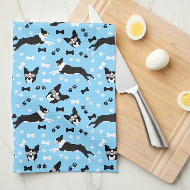 Boston Terriers Blue Dog Pattern  Kitchen Towel (Quarter Fold)