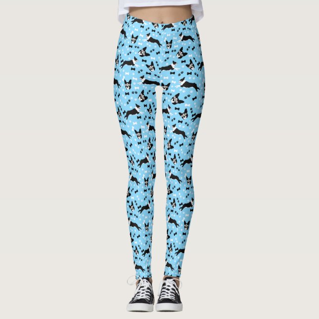 Boston Terriers Blue Pattern Cute Leggings (Front)