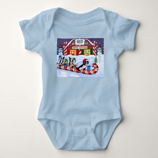 Boston Terriers Candy Cane Santa Christmas Snowman Baby Bodysuit (Front)