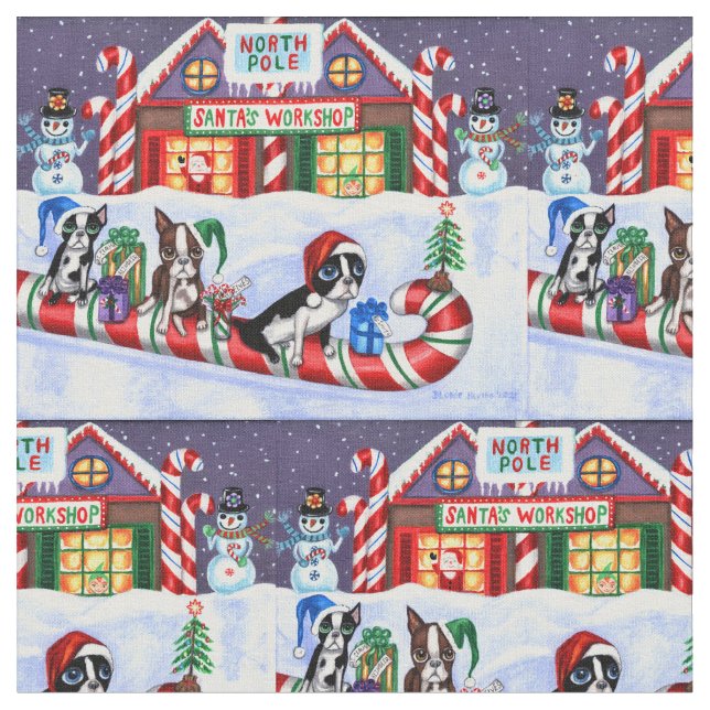 Boston Terriers Candy Cane Santa Christmas Snowman Fabric (Close Up)