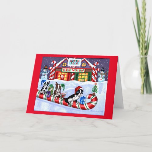 Boston Terriers Candy Cane Santa Christmas Snowman Holiday Card