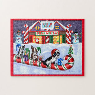 Boston Terriers Candy Cane Santa Christmas Snowman Jigsaw Puzzle